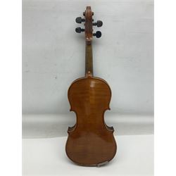 Early 20th century German three-quarter size violin with 33.5cm maple back and ribs and spruce top; L55.5cm overall; in modern fitted case with purple bow
