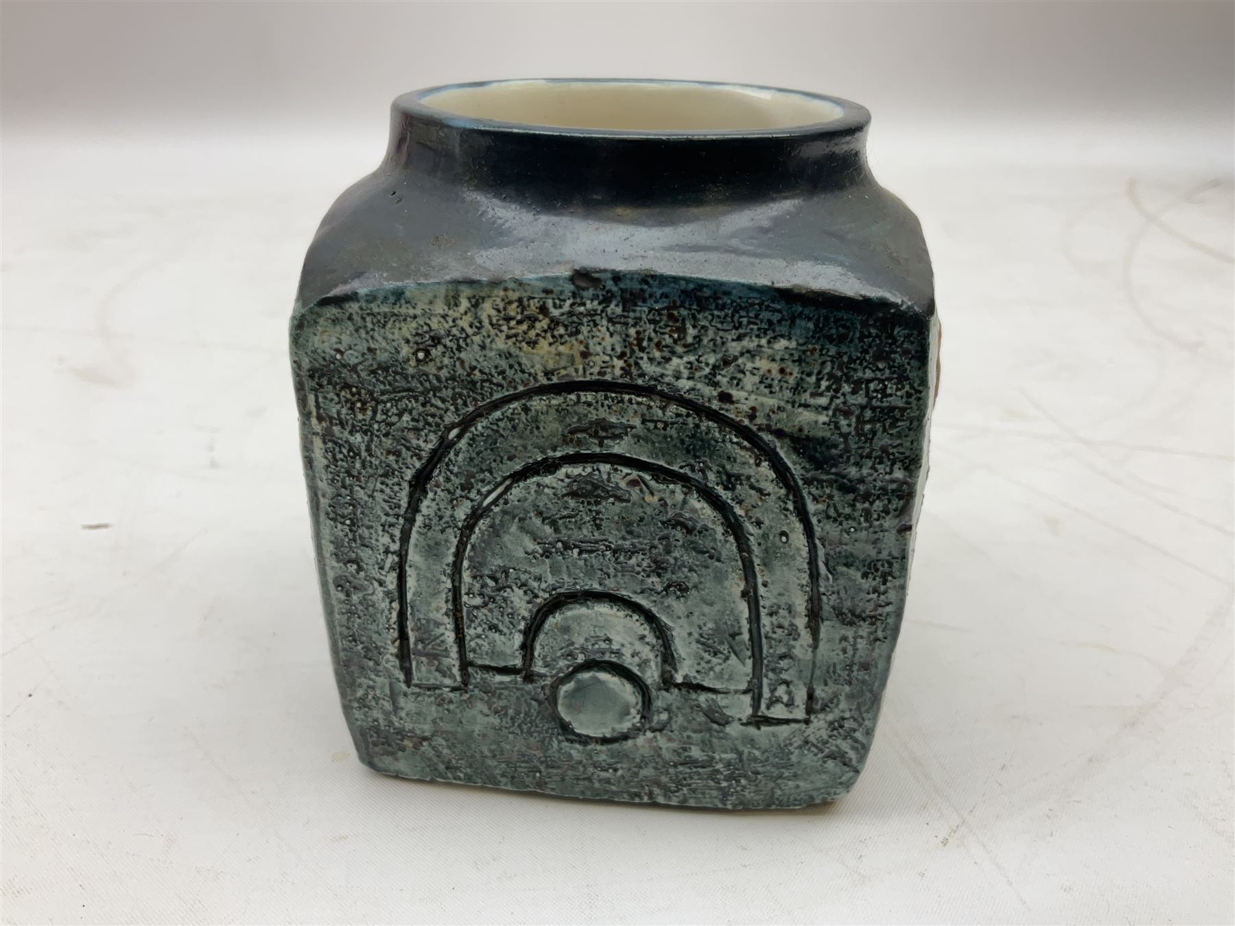 Troika cube vase, designed by Sally Bart, with a geometric design, with painted marks to base, H9.5cm.