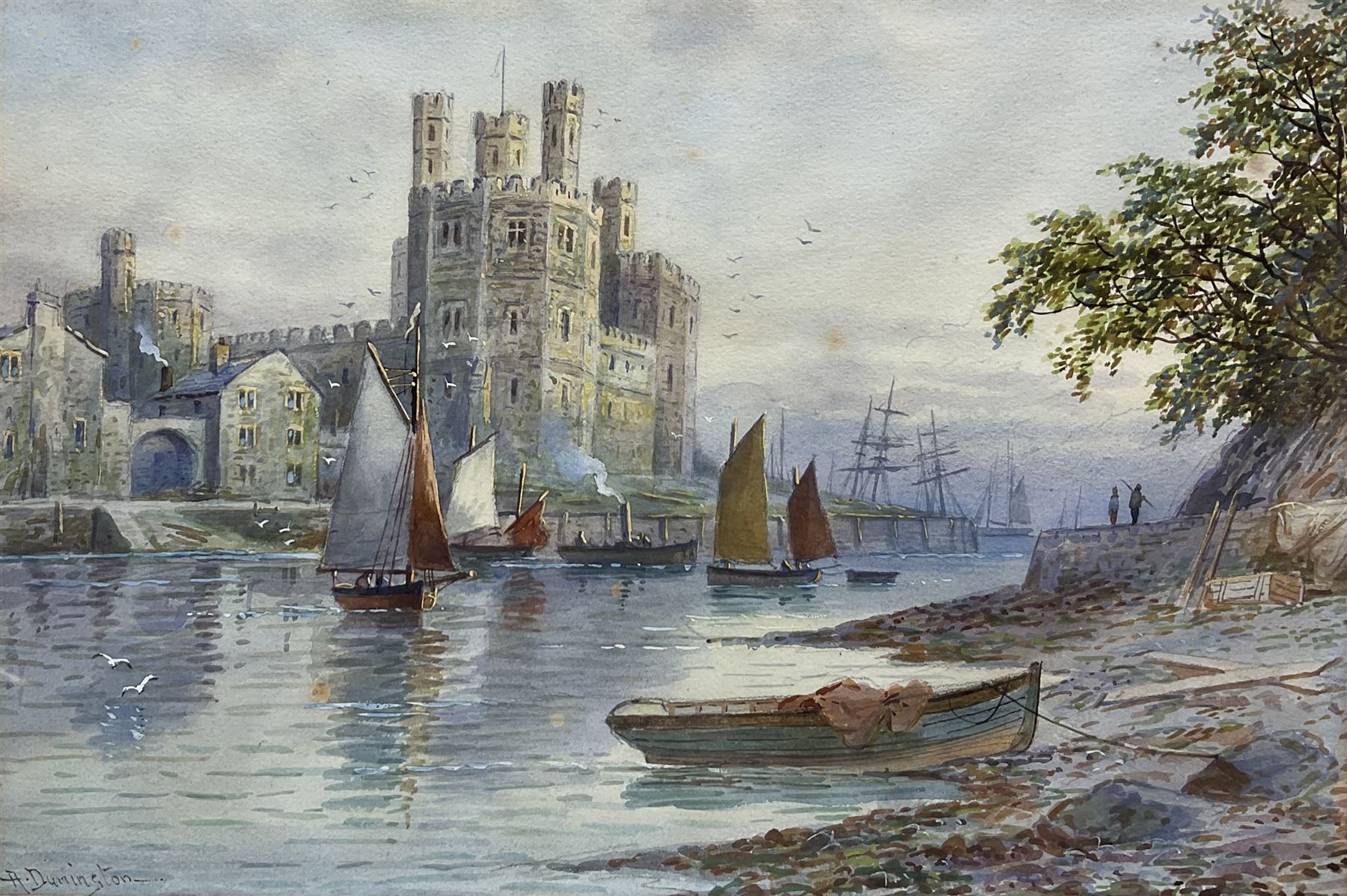 Albert Dunington (British 1860-1941): Caernarfon Castle - Wales, watercolour signed 22cm x 34cm