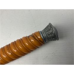 Late WW2 German Army Officers dress dagger, with unmarked 25cm double edged steel blade, orange celluloid grip, pommel and ferrule with oakleaves relief and cross guard with eagle; in original beaded scabbard with two hanging rings L39.5cm overall