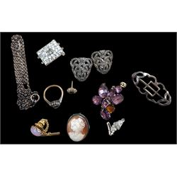 9ct gold and silver stone set ring, 800 silver cameo brooch, loose stones and costume jewellery
