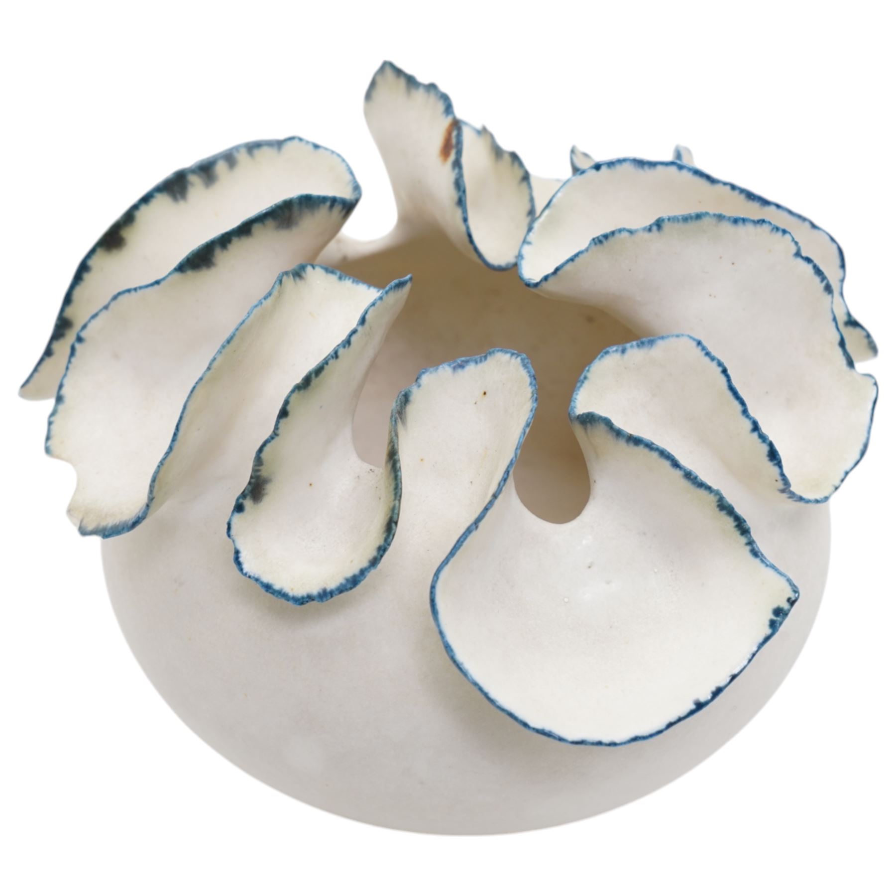 Deirdre Burnett (1939-2022); porcelain vase of ovoid form, the pinched irregular rim with turquoise detail, in matte white glaze, impressed DB seal mark, H9cm 