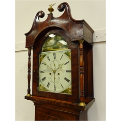  19th century mahogany longcase clock, swan neck pediment with brass eagle finial, painted arched  Roman dial with subsidiary seconds and date, signed Thomas Fletcher, Kirby, eight day movement striking the hours on a bell, H227cm   
