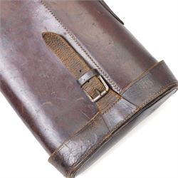 Leg of mutton leather shotgun case L78cm and a North African brass and horn powder horn