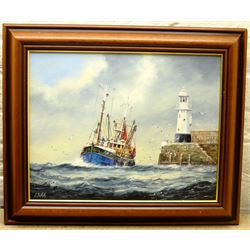 Jack Rigg (British 1927-): Trawler Rounding the Lighthouse, oil on board signed 34cm x 44cm