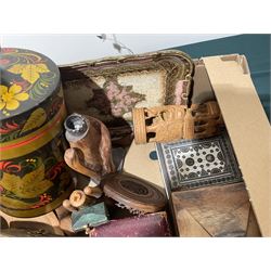Indian bone box, leather pen tray and blotter, wooden duck, various carvings etc, in one box 