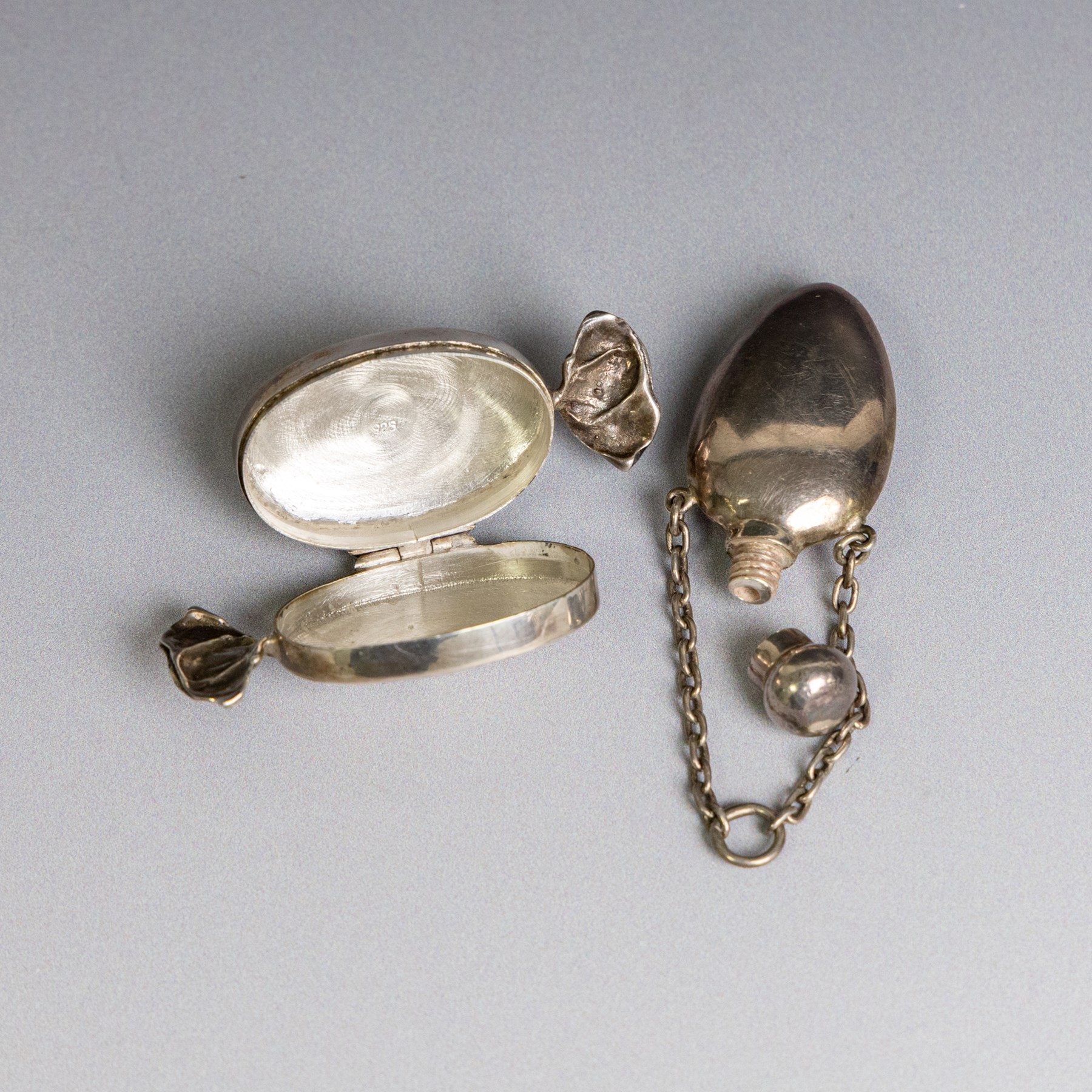 Silver trinket box, in the form of a wrapped sweet, stamped 925, together with a silver chatelaine scent bottle, hallmarked