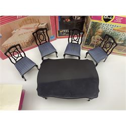 Sindy - furniture and accessories comprising dining suite with separate dresser; two beds; Garden Set; Music Centre; all  boxed; three-piece bedroom suite; settee; Hostess Trolley; two coffee tables; and four-piece bathroom suite including shower cubicle