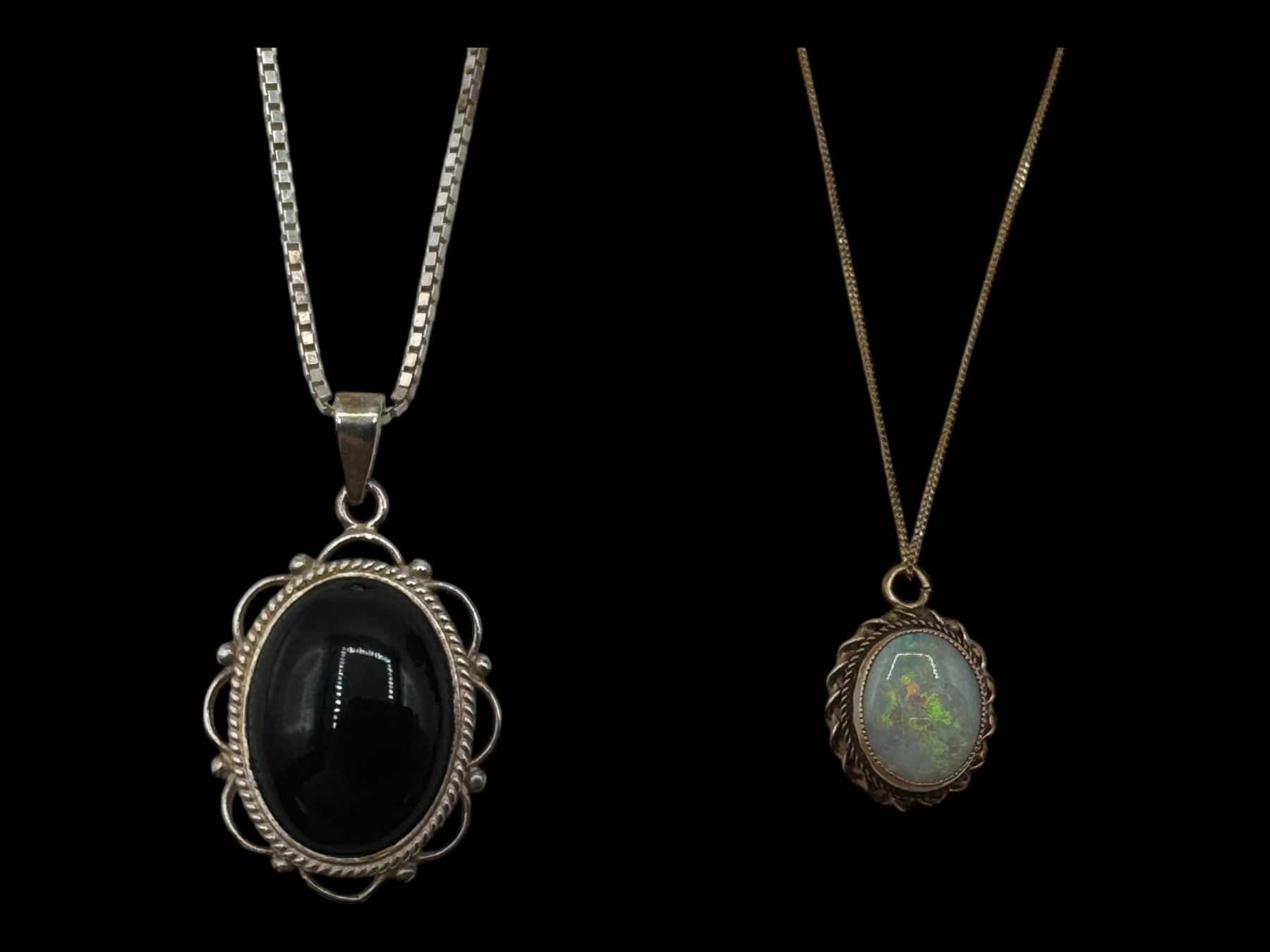 9ct gold opal pendant necklace, 9ct gold paste ring and a pair of silver Whitby jet earrings