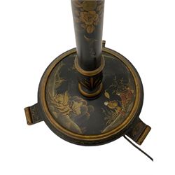 Late 20th century chinoiserie standard lamp, the circular base decorated with raised gilt figural scenes, H153cm (measurement excluding shade and fitting)