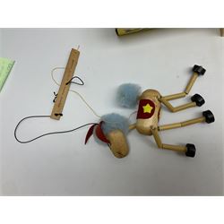 Vintage toys comprising 'Docking RMS Queen Mary' game, two boxed Pelham puppets, quantity of painted metal British soldiers to include Guardsmen, painted farm animal figures