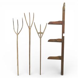 Late 19th century wall mounted pine saddle rack, with three tiers, H127cm W47cm, together ...