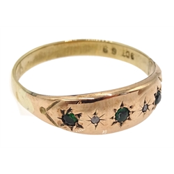 Gold emerald and diamond five stone gypsy ring, stamped 9ct  