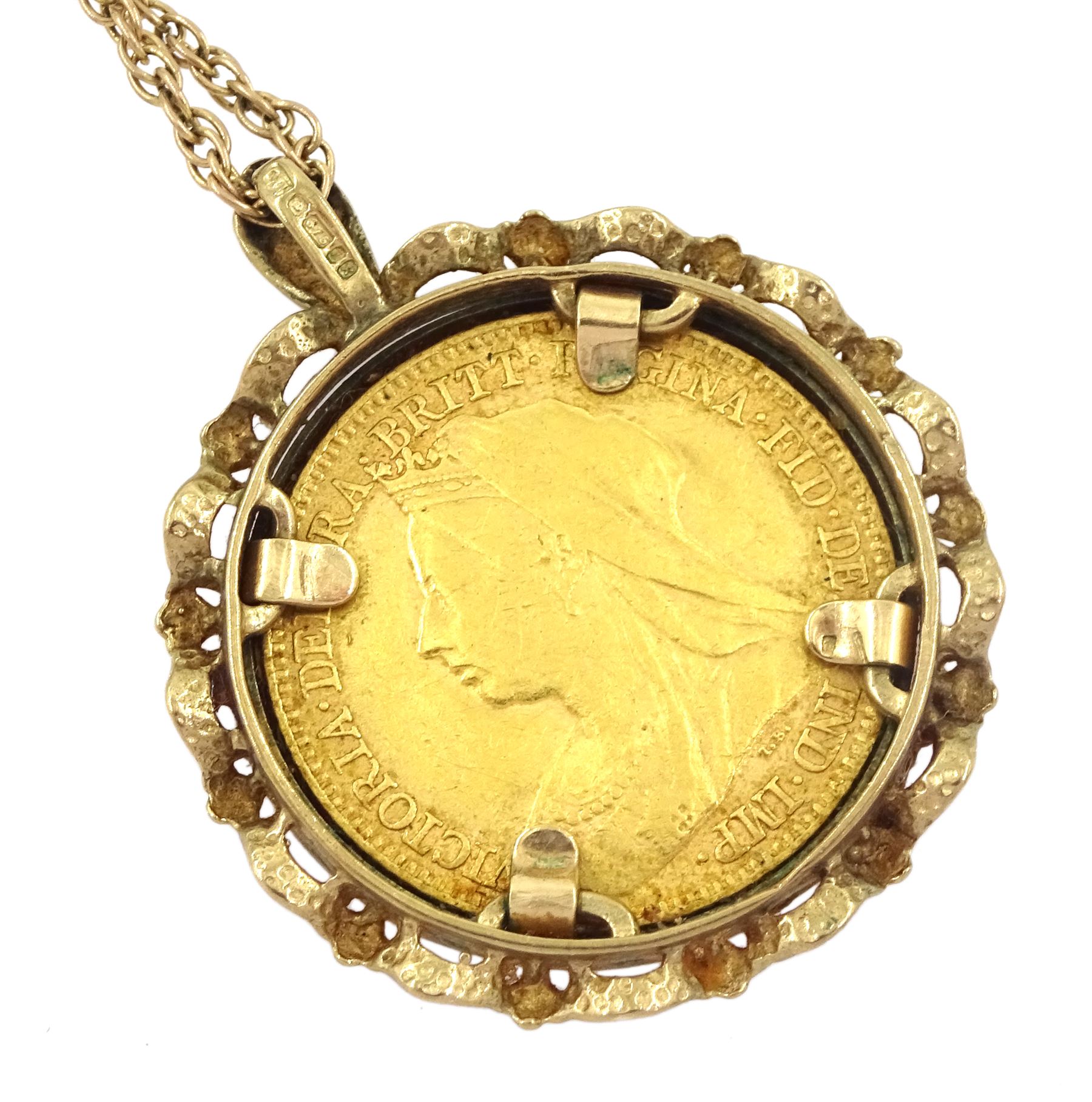 Queen Victoria 1887 gold half sovereign coin, loose mounted in 9ct gold pendant, on 9ct gold chain link necklace, hallmarked