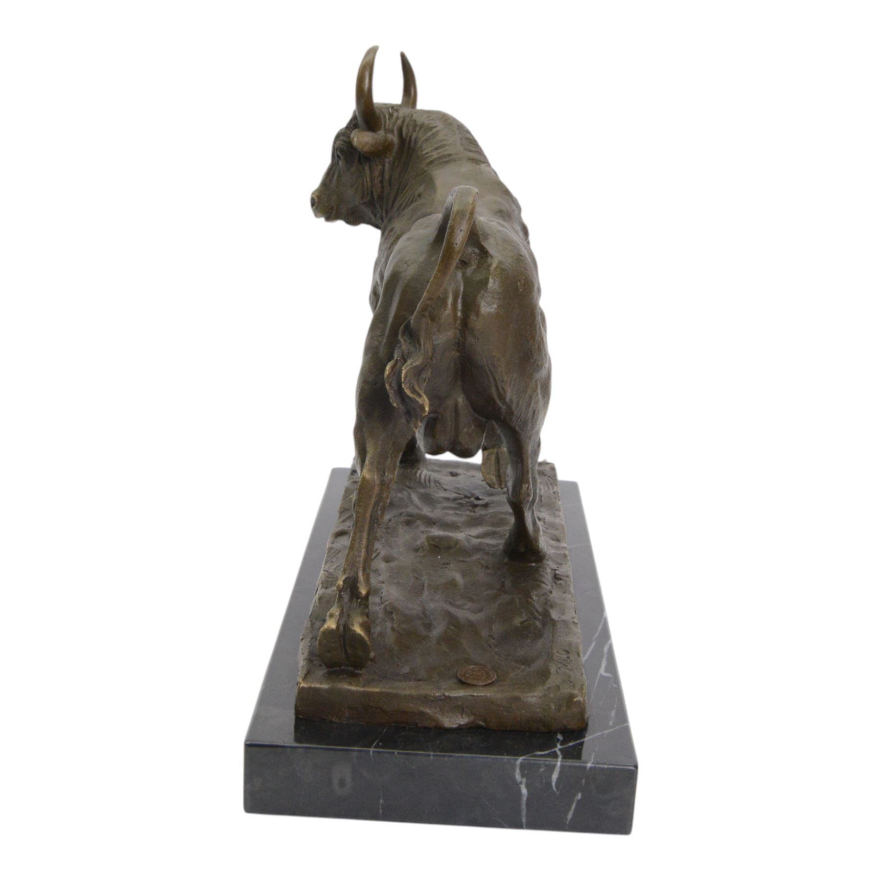 Bronze figure, modelled as a prancing bull, signed Milo, upon a marble rectangle base, base W36cm 