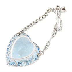 Platinum aquamarine and diamond pendant / brooch, the large faceted heart cut aquamarine, mounted within an openwork heart design gallery, suspending from a polished and milgrain set old cut diamond pendant, with bow design brooch top, set with further old cut diamonds and a single marquise cut diamond, in fitted velvet and silk lined box by Bloom & Sons, London, aquamarine approx 55.00 carat, total diamond weight approx 0.60 carat