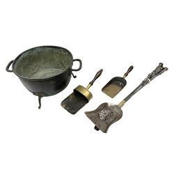 Large twin handled copper planter upon three shaped feet, H23cm not including handles D37cm, together with various fireside accessories including set of three, comprising shovel, tongs, and poker, etc., in one box 
