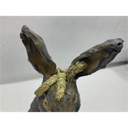Studio pottery novelty jar and cover modelled as a hare raised upon its back legs, by Chris Attlesey, H38cm 