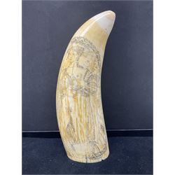 19th century scrimshaw sperm whale tooth from the whaler 'Dove' initialled J.A, Notes, Dove was a Union whaling boat, built at Newbury. Tt was scuttled as part of the Second Stone Fleet on January 25th-26th, 1862, in an attempt to block Charleston Harbor. The captain of the Dove was Captain James Wells Green Port. There were five members of the crew had the initials J.A, any of which could have created the scrimshaw.