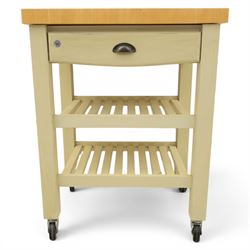 T & G Woodware - 'Pembroke Trolley' contemporary butchers block kitchen trolley, single drawer, two tiers of shelving raised on castors
