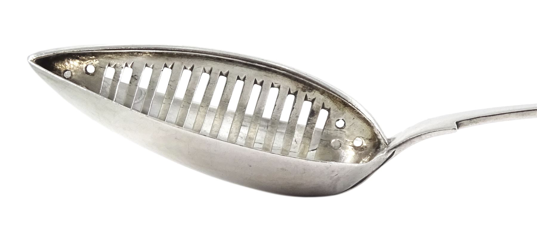 George III Irish silver straining spoon, Fiddle pattern by Richard Sawyer, Dublin (1805-1812), approx 4.8oz 