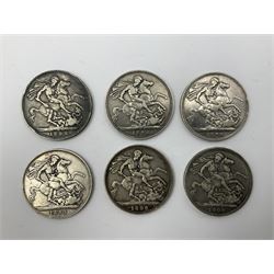 Six Queen Victoria silver crown coins, dated 1893, two 1896, 1898, 1899 and 1900