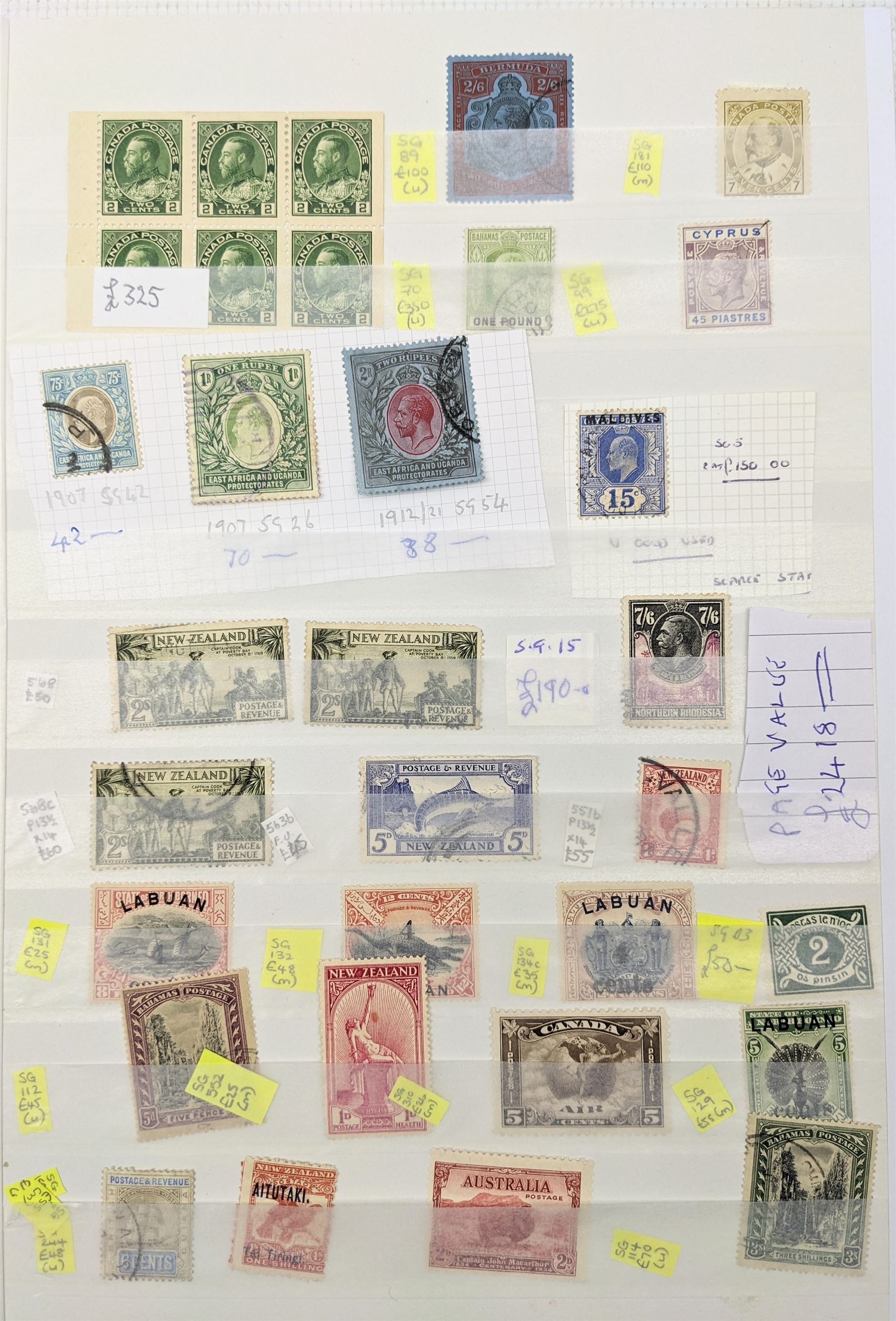 Queen Victoria and later World stamps, including Canada, Bermuda, Gibraltar, St Lucia, Trinidad, New Zealand, Cape of Good Hope etc, various values and monarchs , mint and used, housed in a green stockbook