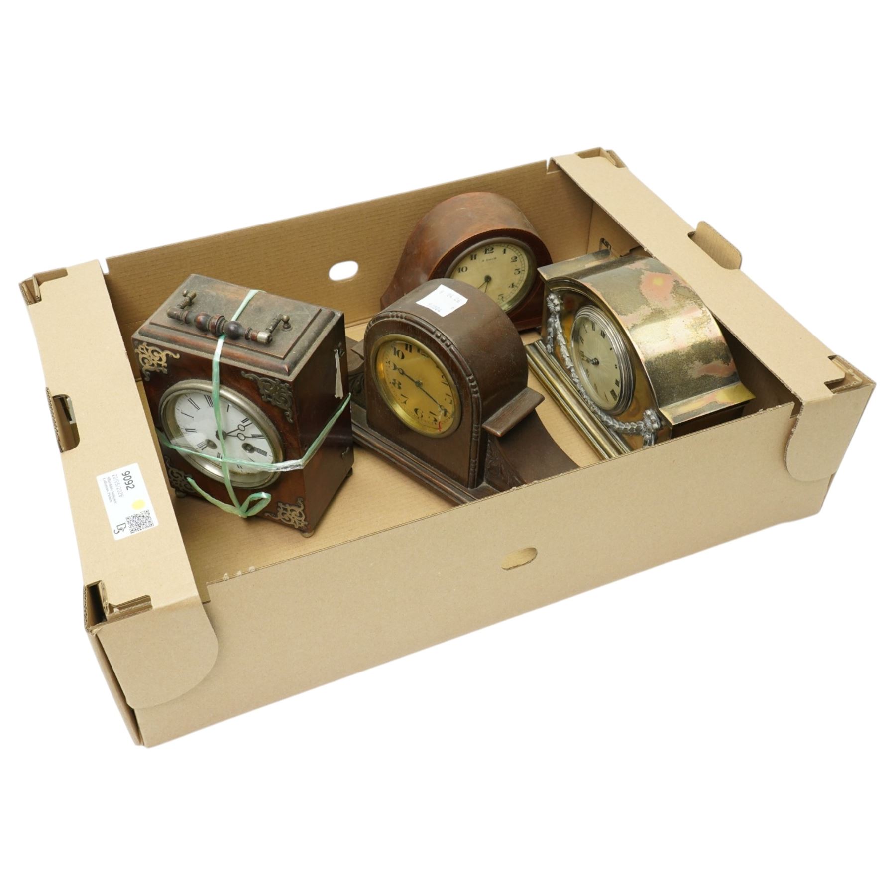 Mantel timepiece with French movement in plated case H16cm, another in mahogany case and two others (4) 