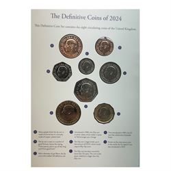 Seven The Royal Mint United Kingdom uncirculated coin sets, comprising  2008 'Emblems of Britain' seven coins, 2010 'A celebration of Britain' eight coins, 2014 'Definitive' eight coins, 2015 'The Fourth Circulating Coinage Portrait Final Edition' eight coins, 2022 'Definitive' eight coins, 2023 'King Charles III Definitives' eight coins and 2024 'Definitive' eight coins, all in card folders