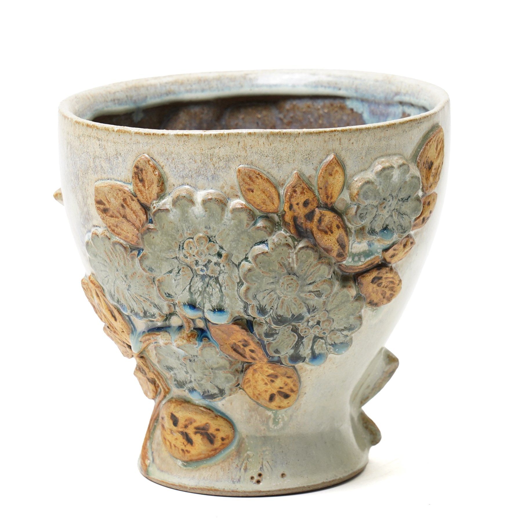 Bernard Rooke (b1938) - Stoneware vase decorated with a raised pattern of flower heads and leaves H18cm x D19cm with the paper label of The Mill Gallery, Swilland, Ipswich and inscribed 'B R'