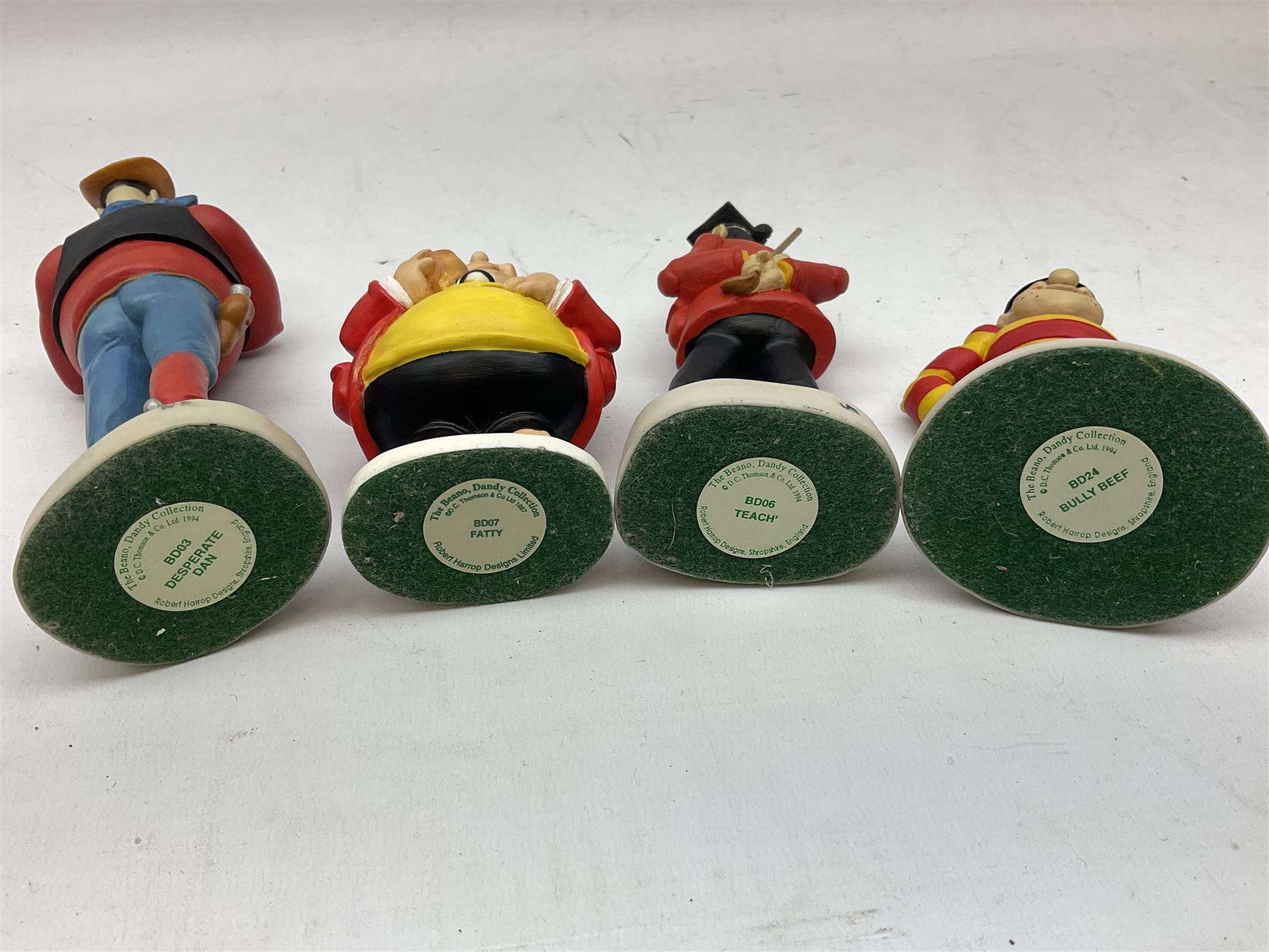Ten Robert Harrop figures, from the Beano and Dandy collection, comprising, Desperate Dan BD03, Dennis the Menace BD01, Fatty BD07, Minnie the Minx BD04, Teach BD06, Smiffy BD09, Erbert BD14, Bully Beef BD24, Sydney BD13 and  Cuthbert Cringeworthy BD08, all with original boxes