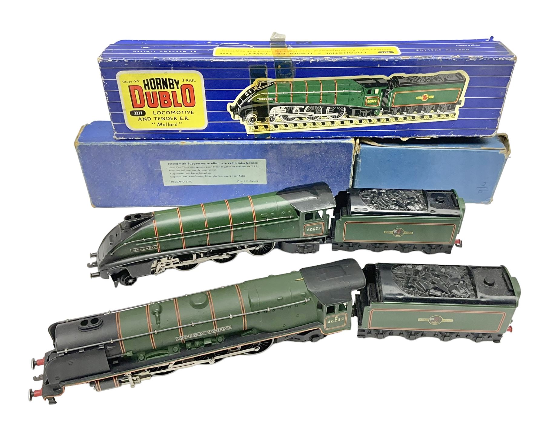 Hornby Dublo - 3-rail - Class A4 4-6-2 locomotive 'Mallard' No.60022 in BR green; in original box; and Duchess Class 4-6-2 locomotive 'Duchess of Montrose' No.46232 in BR matt green; in original plain blue box; with associated tender in plain blue box (3)