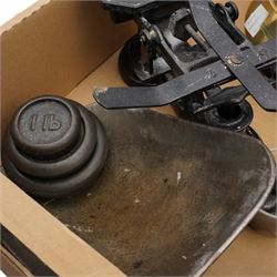 Large cow horn L74cm, kitchen scales and weights and two brass bowls