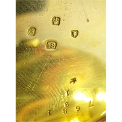 Victorian 18ct gold open face duplex fusee pocket watch by William Johnson, Strand London, No. 7681, white enamel dial with Roman numerals and subsidiary seconds dial, engine turned case, makers mark L C, London 1849