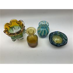Signed Mdina blue glass vase with flared rim, signed Mdina bowl, together with amber glass tulip vase and amber and green glass bowl.  