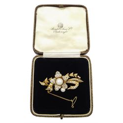 Early 20th century 18ct gold pearl and old cut diamond flower brooch, stamped 18.c, total diamond wight approx 2.60 carat