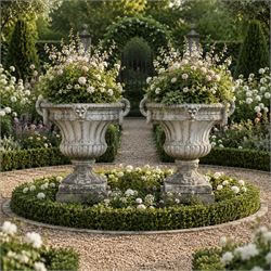 Pair of Neoclassical design cast stone garden urns, each of campana form with fluted body ...