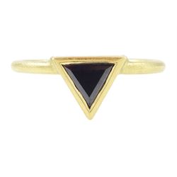 18ct gold black diamond ring, bezel set with a single trilliant cut diamond of approx 0.45...