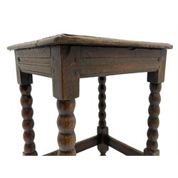 18th century oak joint coffin stool, moulded rectangular top over moulded frieze rails, raised on bobbin turned supports joined by moulded stretchers