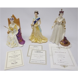  Three ltd. ed. Queen Elizabeth II figures: Royal Doulton Coronation HN44766, Royal Worcester Diamond Jubilee 2012 & Royal Worcester Queens of Britain Collection, all with certificates   