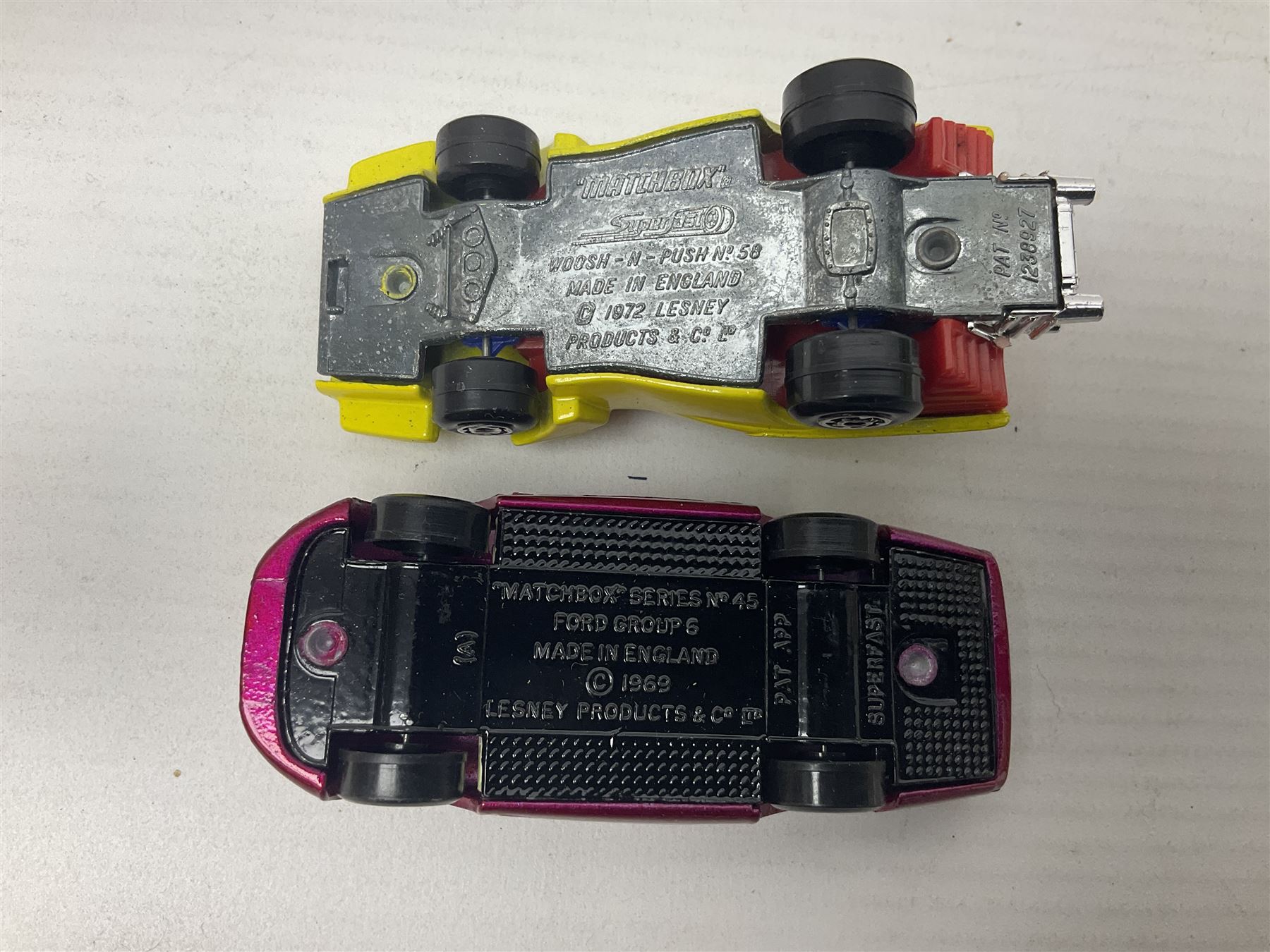 Matchbox 1-75 Series 'Superfast' ex-shop stock - eight models comprising 45c Ford Group 6, 52c Dodge Charge Mk.III, 53d Tanzara, 54c Ford Capri, 56c Pinifarina, 58d Woosh 'n' Push, 60c Lotus Super Seven and 62d Dragster; all boxed (8)