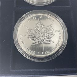 Four one ounce fine silver coins, forming 'The 2007 Famous World Silver Coin Collection', comprising United States eagle, Australian kookaburra, Chinese panda and Canadian maple leaf, cased with Westminster certificate 