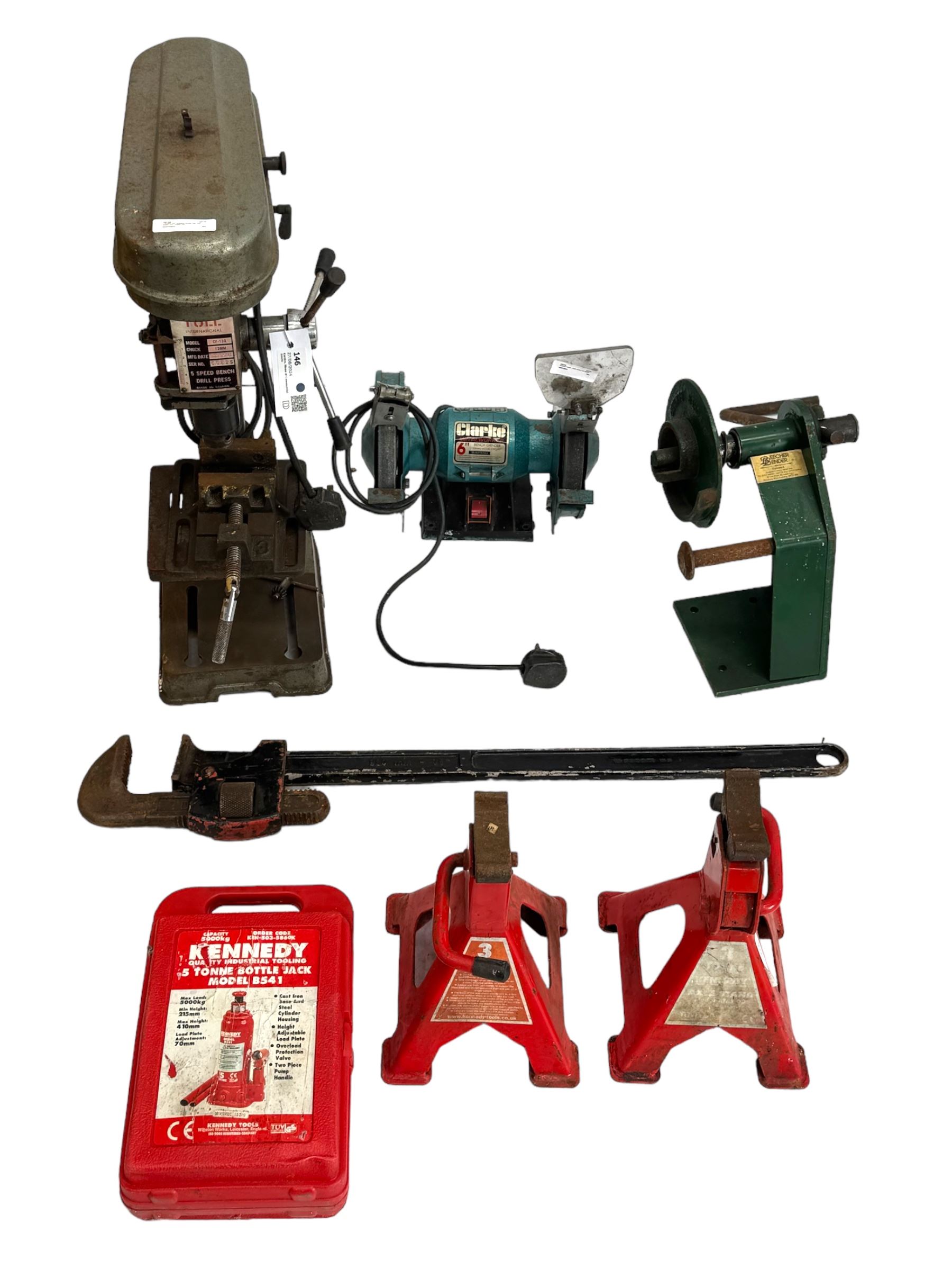 Tull bench pillar drill, Beechers Bender, Clarke grinder, pair of Stilsons, axel stands and bottle jack