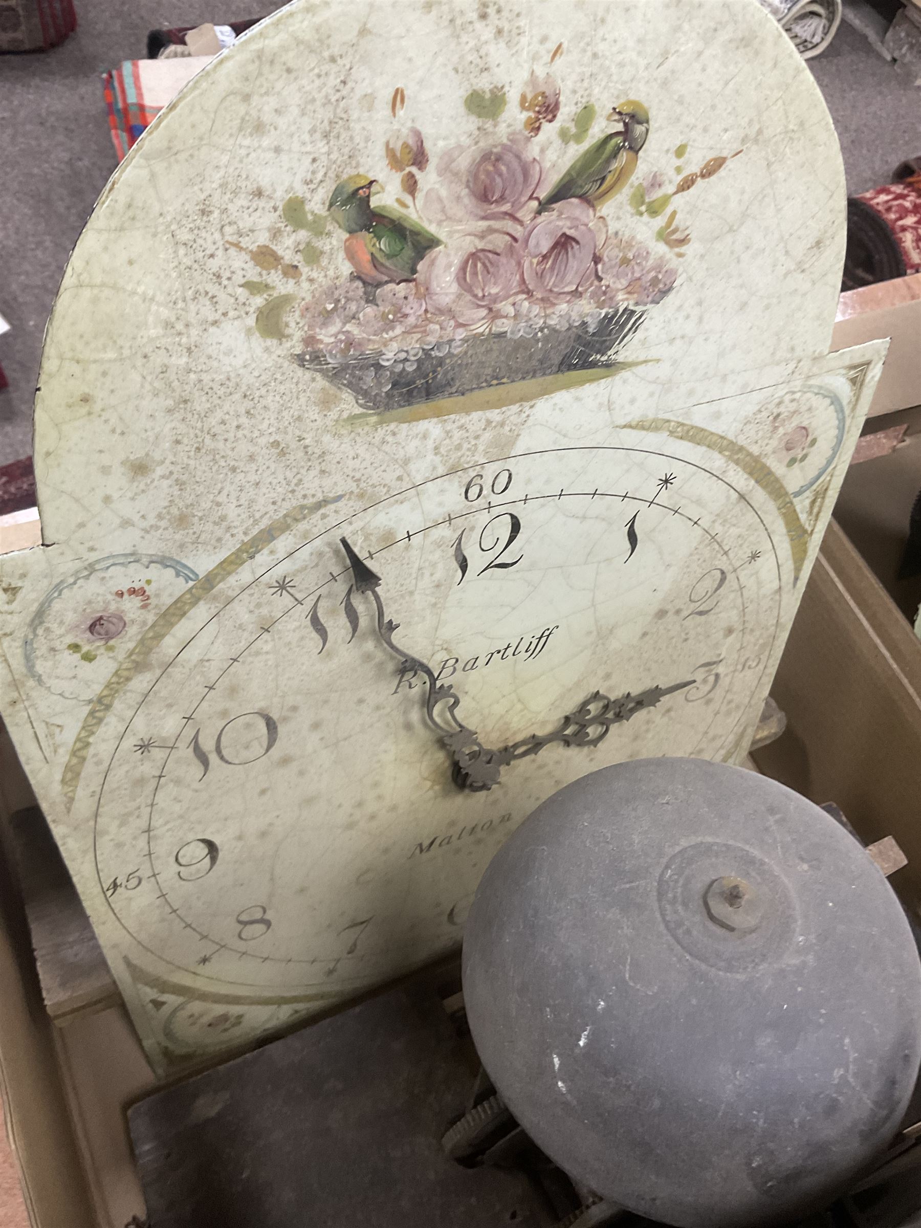 Six 19th century longcase clock movements, including brass dial by William Clark of Kendal, painted dial by Bartliff of Malton, etc