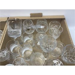 Large collection of crystal glassware, together with glass decanters, bowls, covered bon bon dish etc, in two boxes 