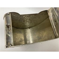 Silver plated, tea caddy, in the form of a heart, with repousse decoration, presented to H Whitcombe, H20cm