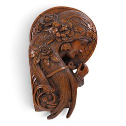 Art Nouveau style wall hanging,  carved as a woman holding a flower, H55cm