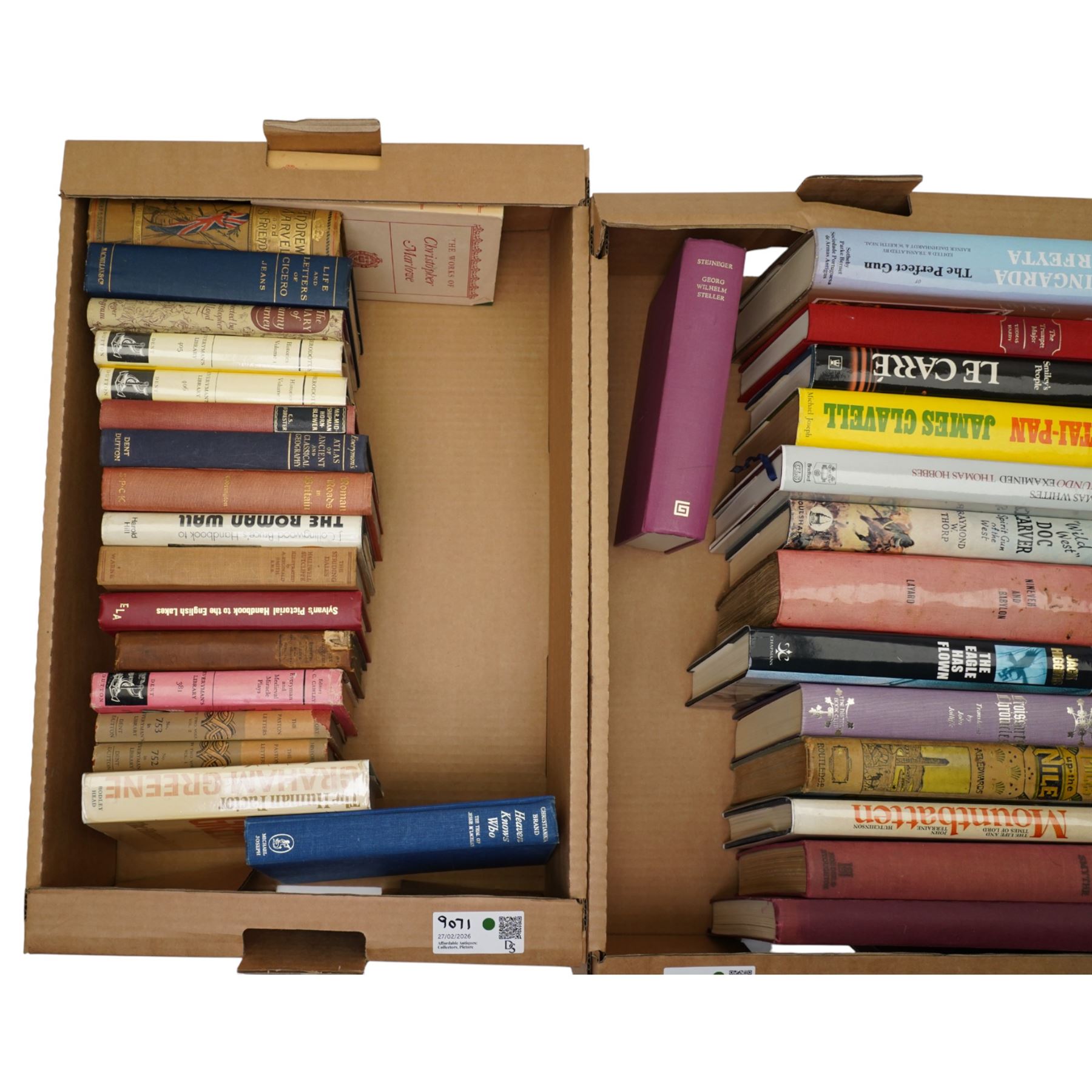 Contemporary fiction , biographies, etc including Greene, Graham - 'The Human Factor' 1978 1st edition, Runcie, James - 'The Shadow of Death' signed 1st edition Wheatley, Dennis - 'The Sultan's Daughter' 1963 1st edition etc in three boxes