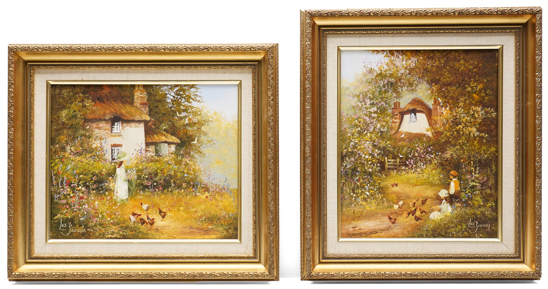 Les Parson (British 1945-): Children Playing in a Flourishing Garden, pair of oils on canvas signed 24.5cm x 29.5cm and 29.5cm x 24.5cm (2)