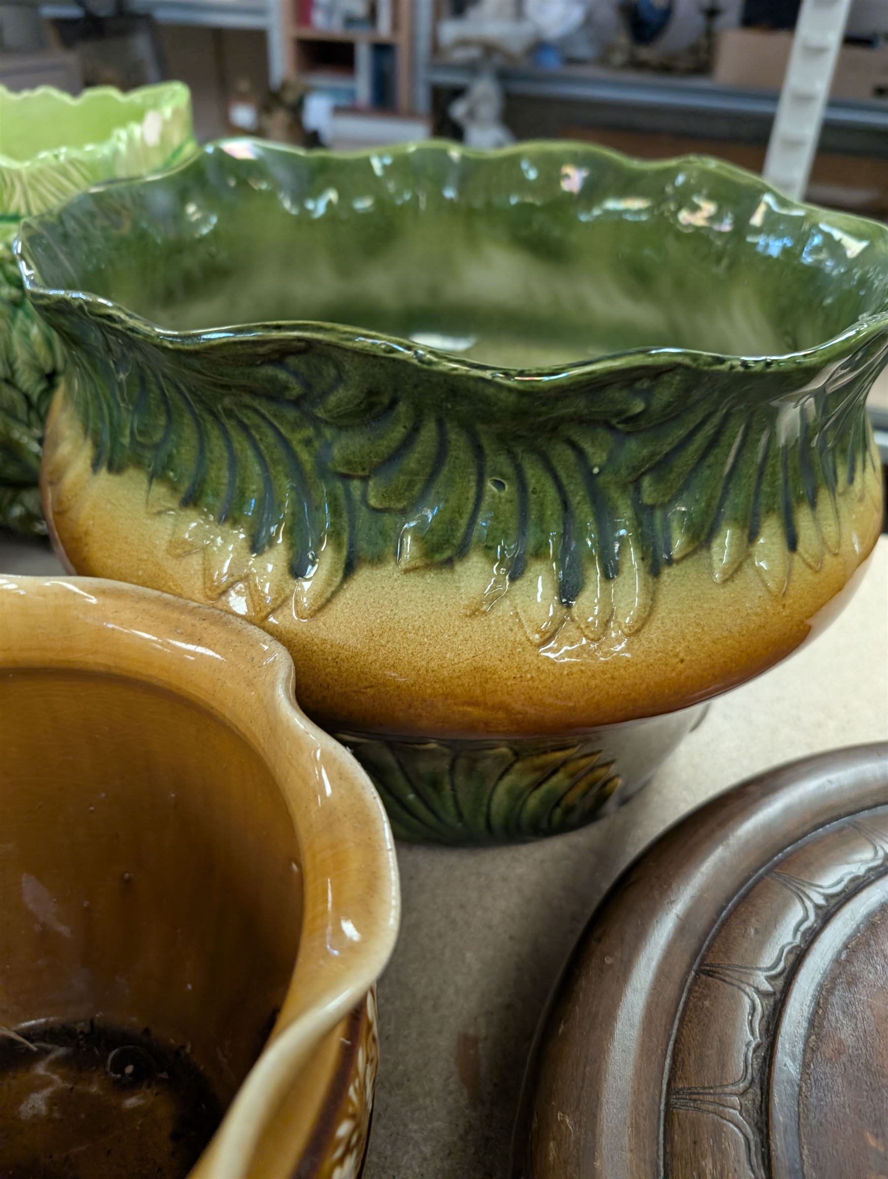 Four jardinières/planters, including Wardle example, together with a hardwood stand, largest jardinière H23.5cm